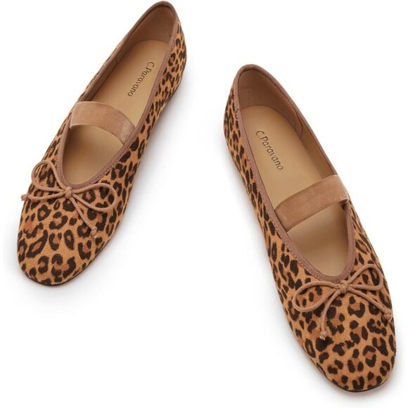 Shoes - Women's Leopard Velvet Bow Upper Round Toe Ballerinas Pull On Flats Ballet Shoes